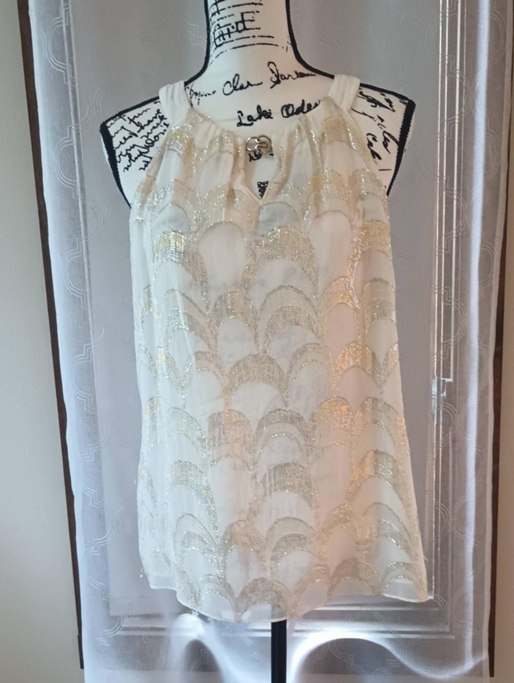White House Black Market Cream Halter Top with Gold Scallop Detail